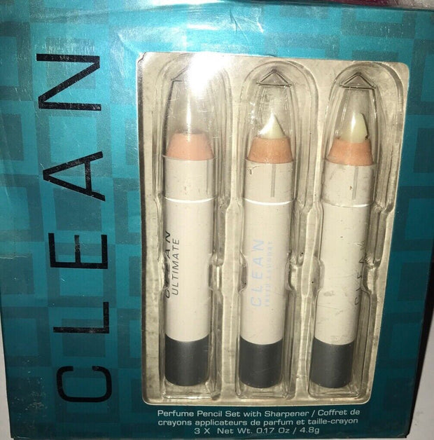 CLEAN Perfume Pencil Set w/ sharpener and 3 pencils .17oz each NEW IN BOX