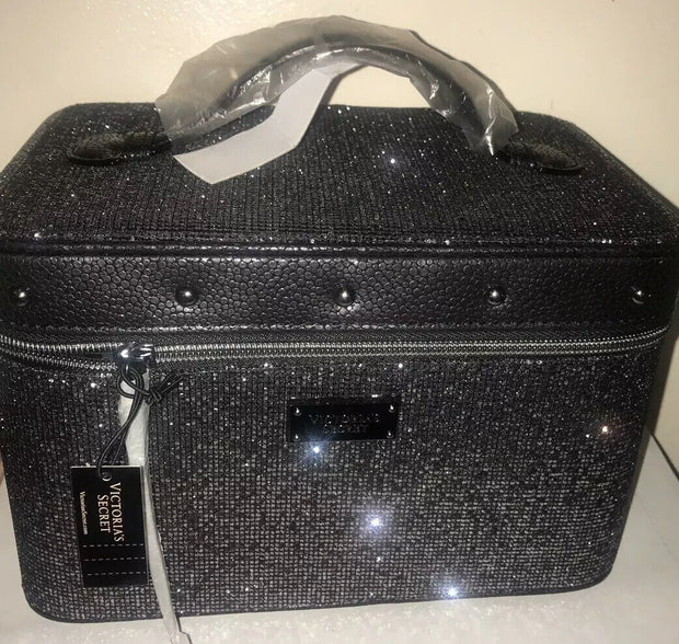 Victoria’s Secret Glitter Mesh Runway Vanity Train Case Makeup Bag~ BLACK