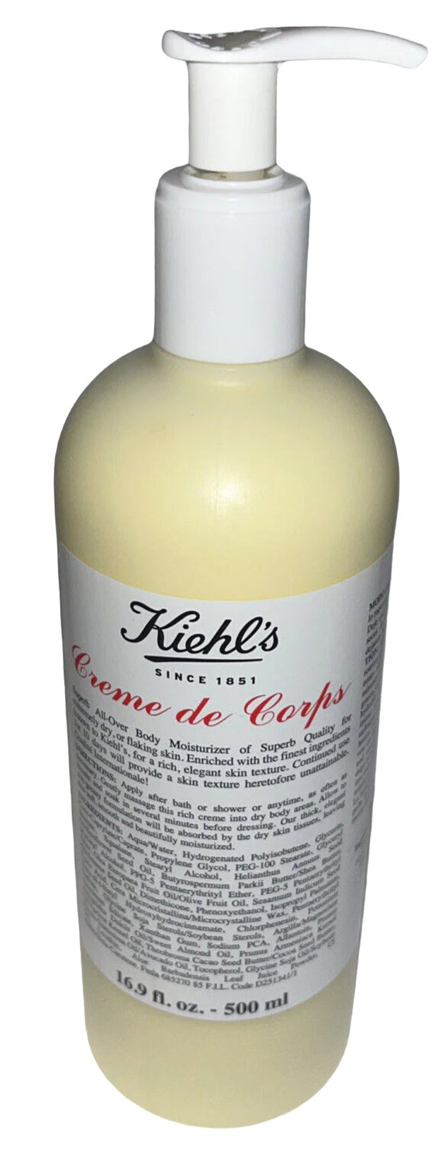 Kiehl's Creme de Corps Body Lotion 16.9 Oz 500 mL Full Size Pump-Top