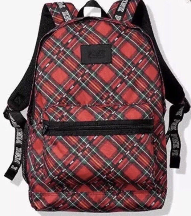 Victoria’s Secret PINK CAMPUS Backpack RED Green Black PLAID PRINT NEW WITH TAGS