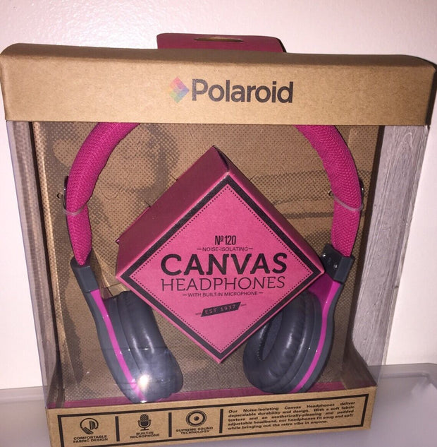 Polaroid No.120 Noise Isolating Canvas Headphones w/Built-In Microphone~New~Pink