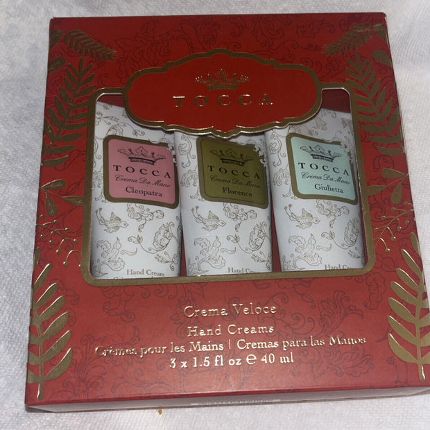 TOCCA Crema Veloce Hand Cream Set of 3 Giulietta Florence Cleopatra 1.5 Oz Boxed