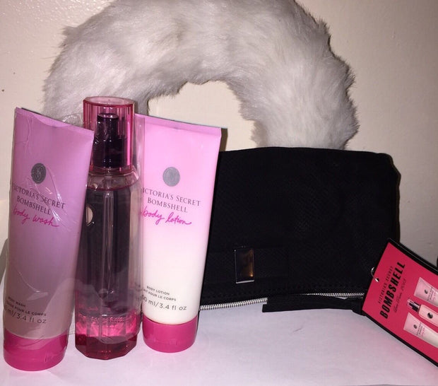 Victoria's Secret 4 Pc Black Clutch Bag~Bombshell Fragrance Mist,Lotion,Wash Set