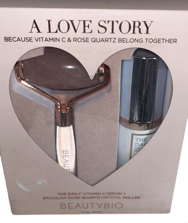 BeautyBio Love Story Set Daily Vitamin C Serum + Brazilian Rose Quartz Roller.