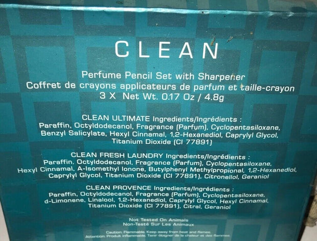 CLEAN Perfume Pencil Set w/ sharpener and 3 pencils .17oz each NEW IN BOX